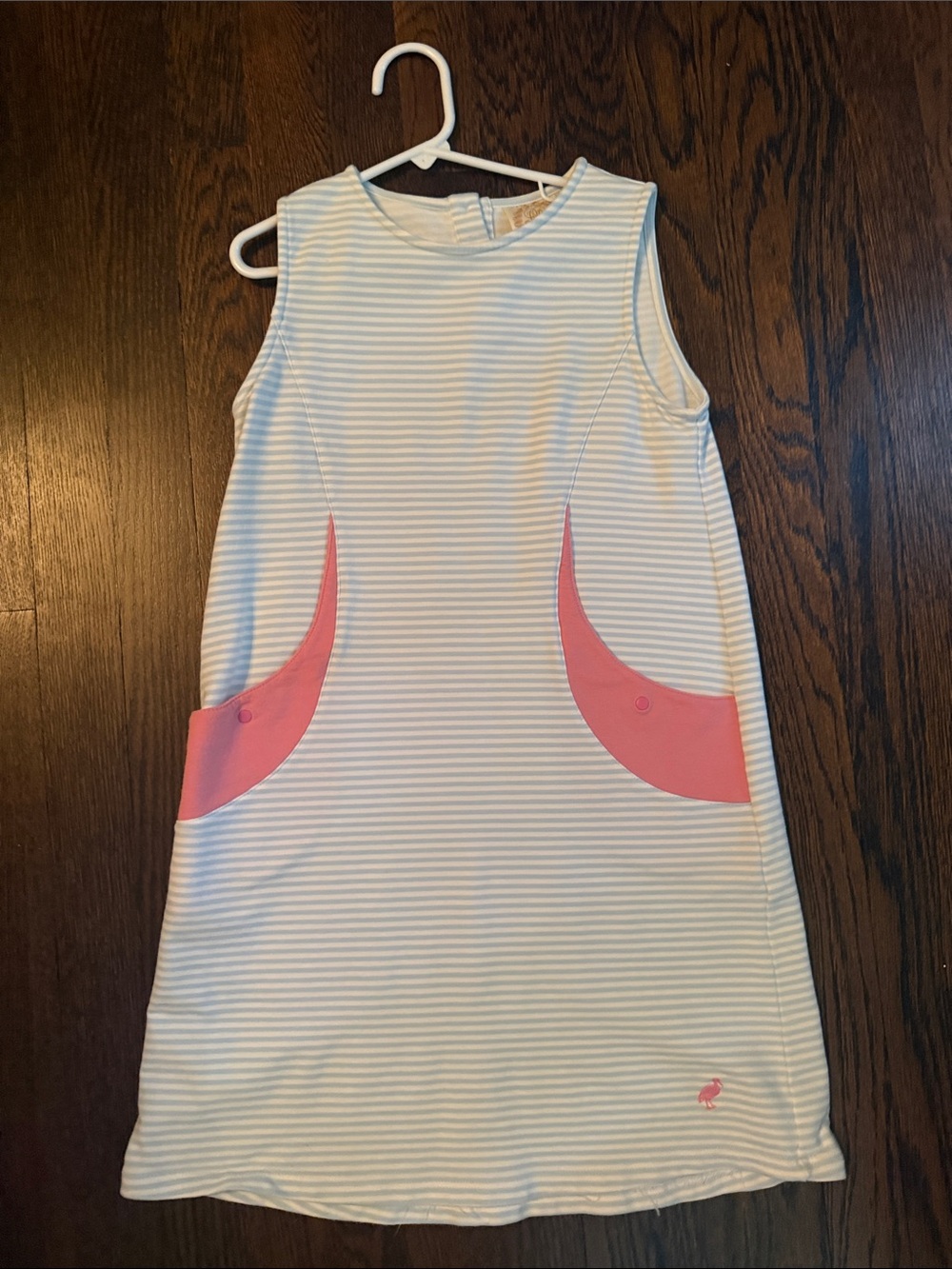 Striped Sleeveless Shift Dress with Pink Pocket Accents